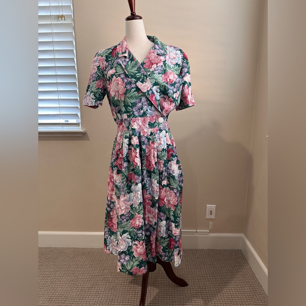 Vintage 80s Stuart Alan Petites Floral Wrap Midi Dress -  Size 6-8